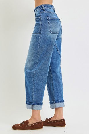 Risen "Curve Appeal" Mid Rise Crop Curved Seam Barrel Jeans: Medium Wash