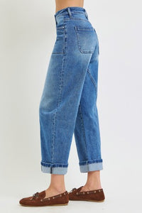 Risen "Curve Appeal" Mid Rise Crop Curved Seam Barrel Jeans: Medium Wash