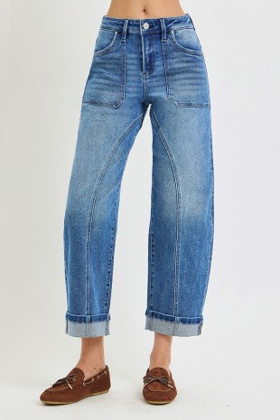 Risen "Curve Appeal" Mid Rise Crop Curved Seam Barrel Jeans: Medium Wash