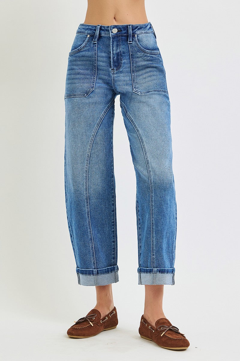Risen "Curve Appeal" Mid Rise Crop Curved Seam Barrel Jeans: Medium Wash
