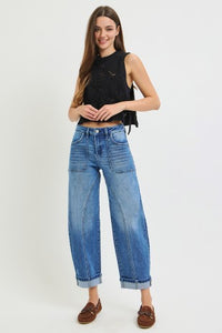 Risen "Curve Appeal" Mid Rise Crop Curved Seam Barrel Jeans: Medium Wash