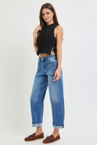 Risen "Curve Appeal" Mid Rise Crop Curved Seam Barrel Jeans: Medium Wash