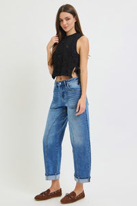 Risen "Curve Appeal" Mid Rise Crop Curved Seam Barrel Jeans: Medium Wash