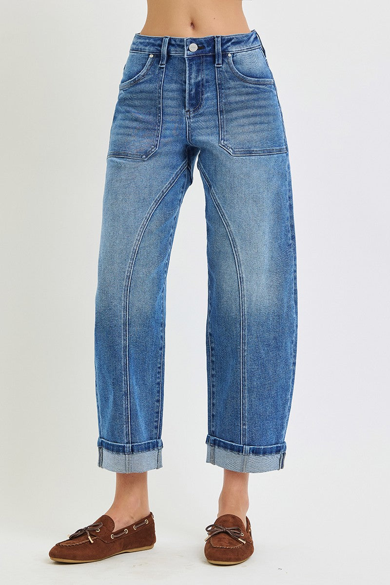 Risen "Curve Appeal" Mid Rise Crop Curved Seam Barrel Jeans: Medium Wash