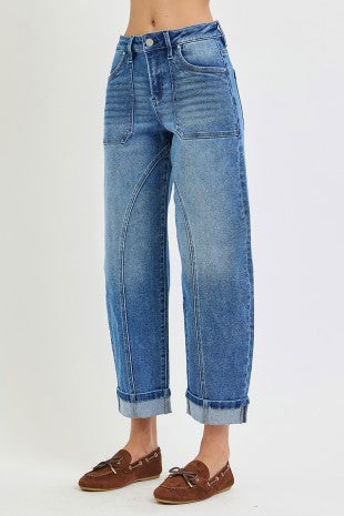 Risen "Curve Appeal" Mid Rise Crop Curved Seam Barrel Jeans: Medium Wash