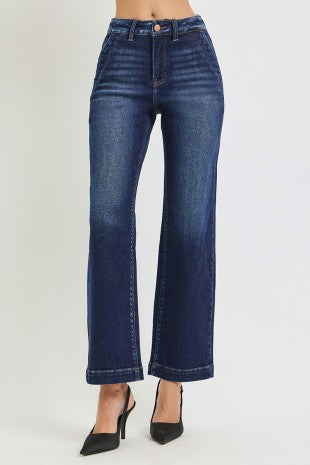 Risen "Clean Slate" High Rise Ankle Straight Stretch Jeans: Dark Wash