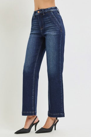 Risen "Clean Slate" High Rise Ankle Straight Stretch Jeans: Dark Wash