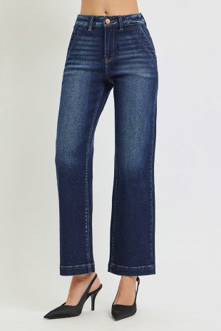 Risen "Clean Slate" High Rise Ankle Straight Stretch Jeans: Dark Wash