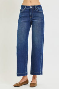Risen "In Good Form" Mid Rise Ankle Wide Leg Jeans: Dark Wash