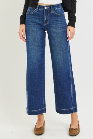Risen "In Good Form" Mid Rise Ankle Wide Leg Jeans: Dark Wash