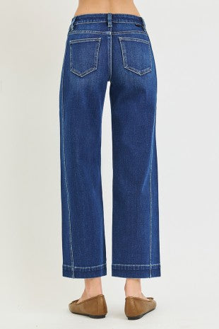 Risen "In Good Form" Mid Rise Ankle Wide Leg Jeans: Dark Wash