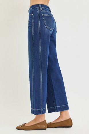 Risen "In Good Form" Mid Rise Ankle Wide Leg Jeans: Dark Wash