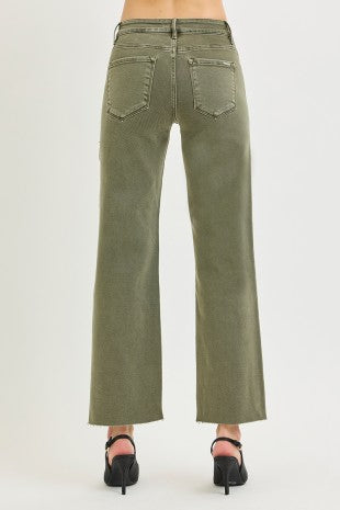 Risen "Change of Pace" Mid Rise Tummy Control Ankle Straight Jeans: Burnt Olive