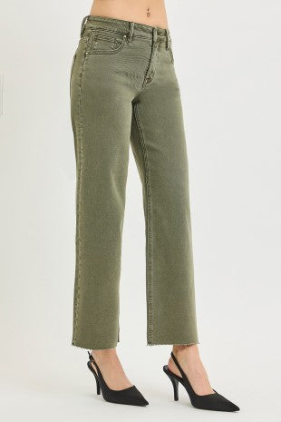 Risen "Change of Pace" Mid Rise Tummy Control Ankle Straight Jeans: Burnt Olive