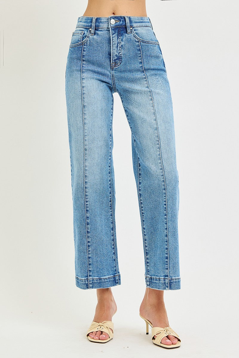 Risen "Line Up" High Rise Tummy Control  Stretch Straight Jeans: Medium Wash