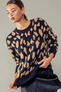 Cora Fuzzy Animal Print Crew Sweater: Black