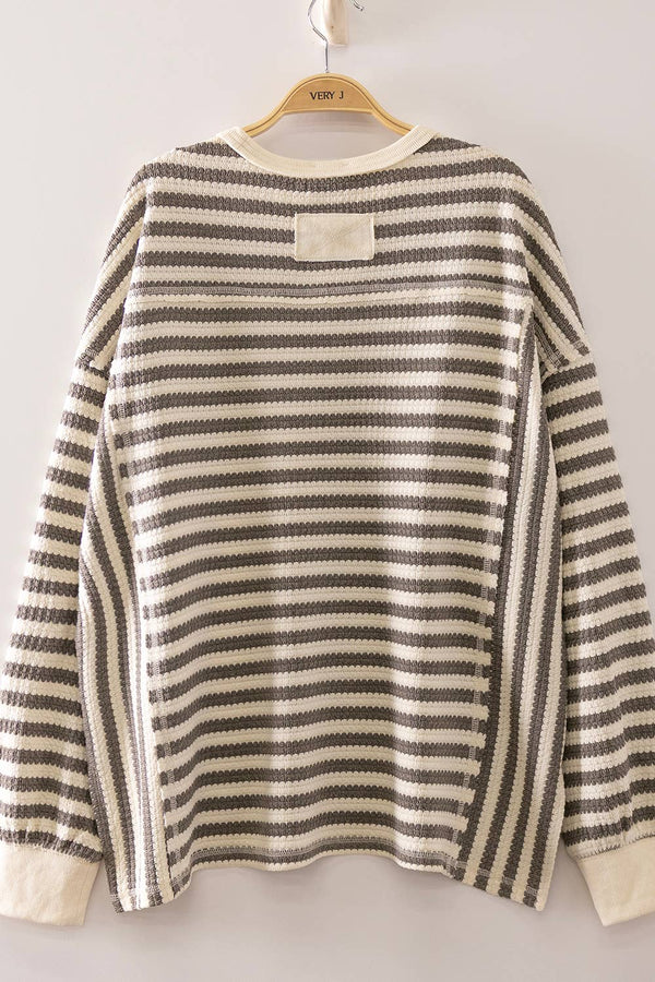 The Parker Striped Waffle Knit Pullover: Gray/ Cream