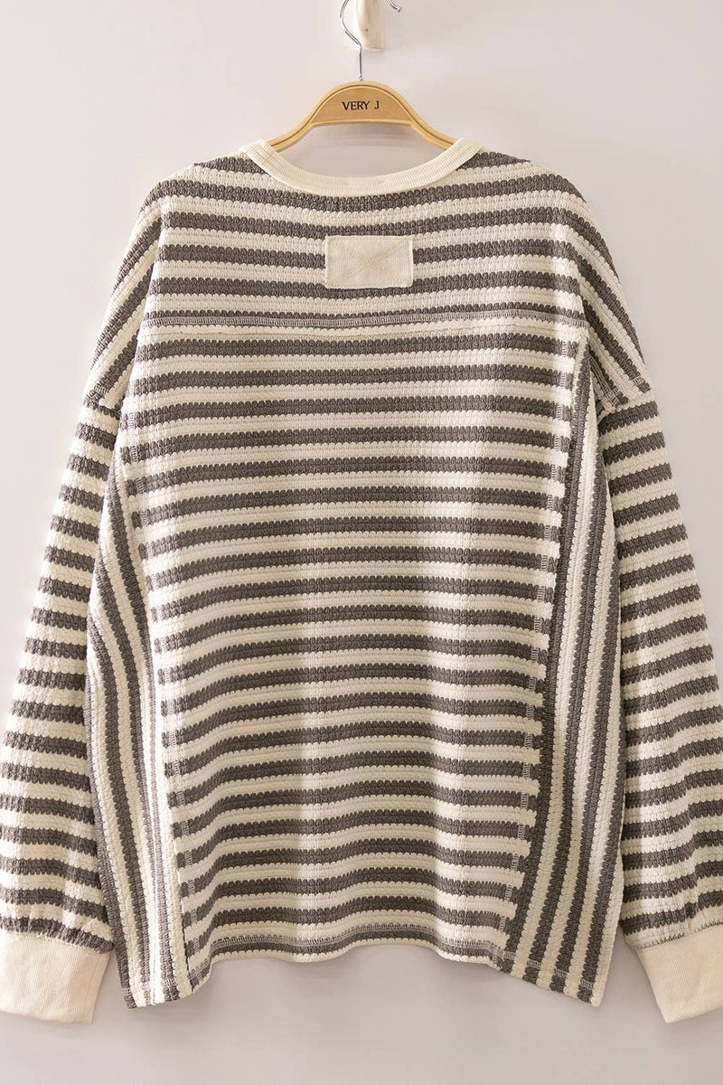 The Parker Striped Waffle Knit Pullover: Gray/ Cream