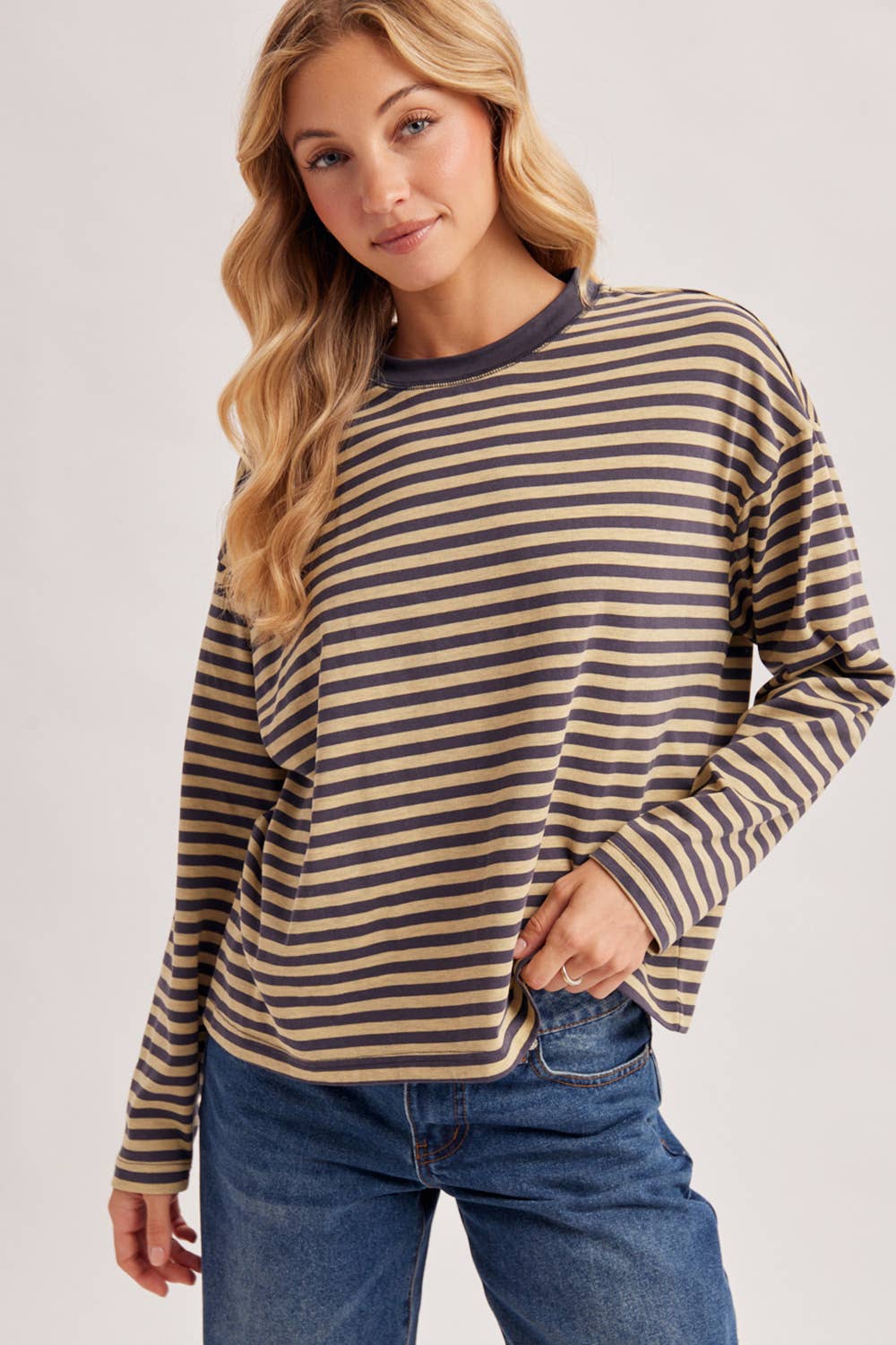 On Repeat Stripe Oversized Long Sleeve Top: Ash