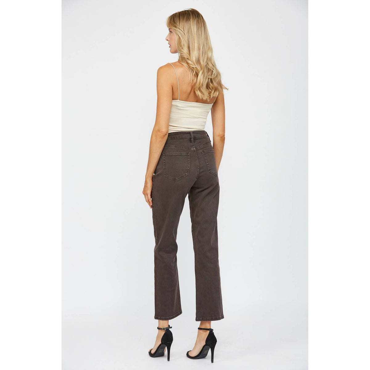 Harper High Rise Button Fly Straight Jeans – Dark Brown – Mica Denim