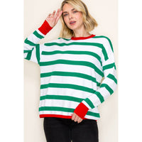 Staccato Holly Jolly Stripe Sweater – Green & White Christmas Pullover with Red Trim | Northern Belle Boutique