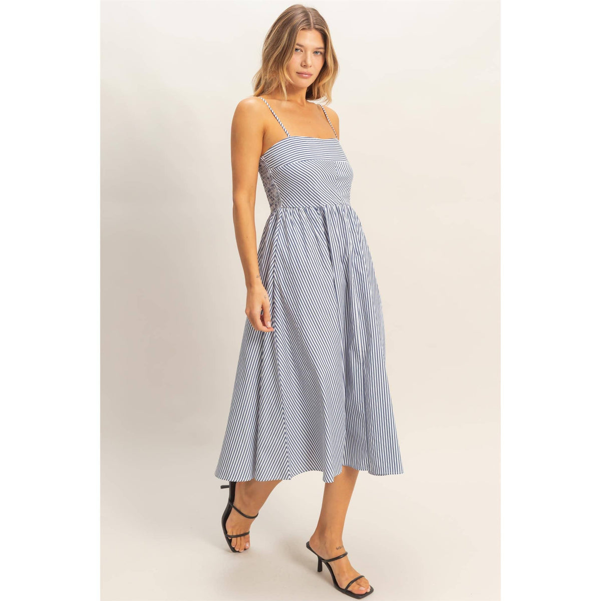 Striped Spaghetti Strap Dress: NAVY / S-M-L(2-2-2)