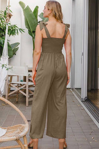 The Delaney Smocked Tie-Strap Jumpsuit – Olive Green Wide-Leg One Piece
