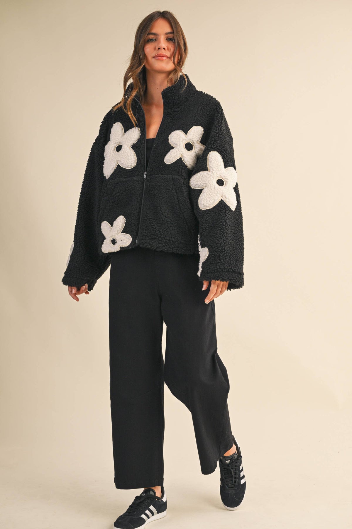 Floral Sherpa Zip Up Jacket: Black – Fully Lined Cozy Fleece with Pockets
