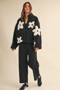 Floral Sherpa Zip Up Jacket: Black – Fully Lined Cozy Fleece with Pockets
