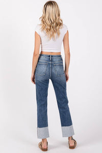 Remi High Rise Slim Straight Jeans – Dark Wash Cuffed Denim with Raw Hem