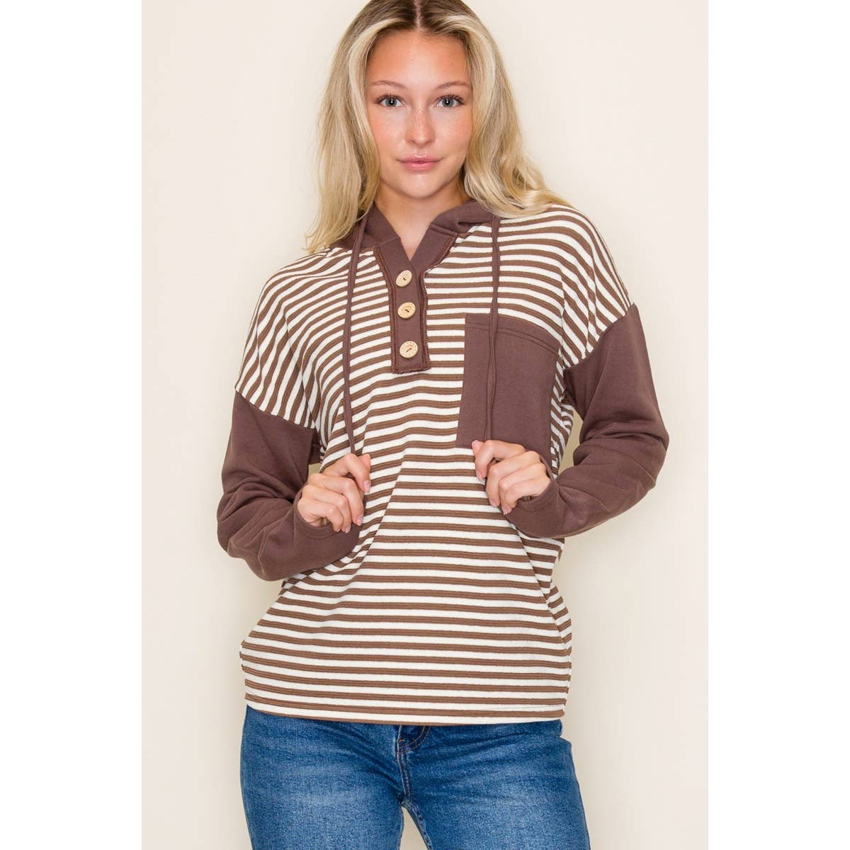COLOR BLOCK STRIPED HOODIE TOP: OLIVE / S-M-L-XL(2-2-2-1)
