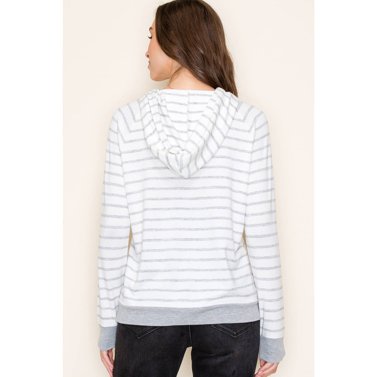 Nina Drawstring Neck Long Sleeve Striped Hoodie Top Grey