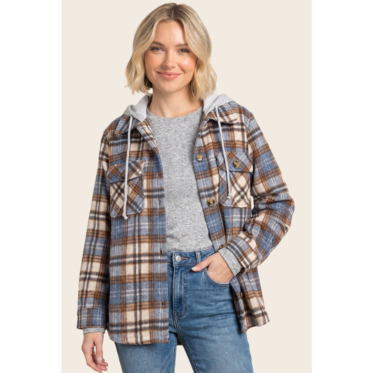 Layer Up Plaid Hooded Shacket: Brown/ Blue