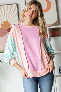 Amiee Sping Colorblock Pullover Crew Neck Long Sleeve Top: Mint