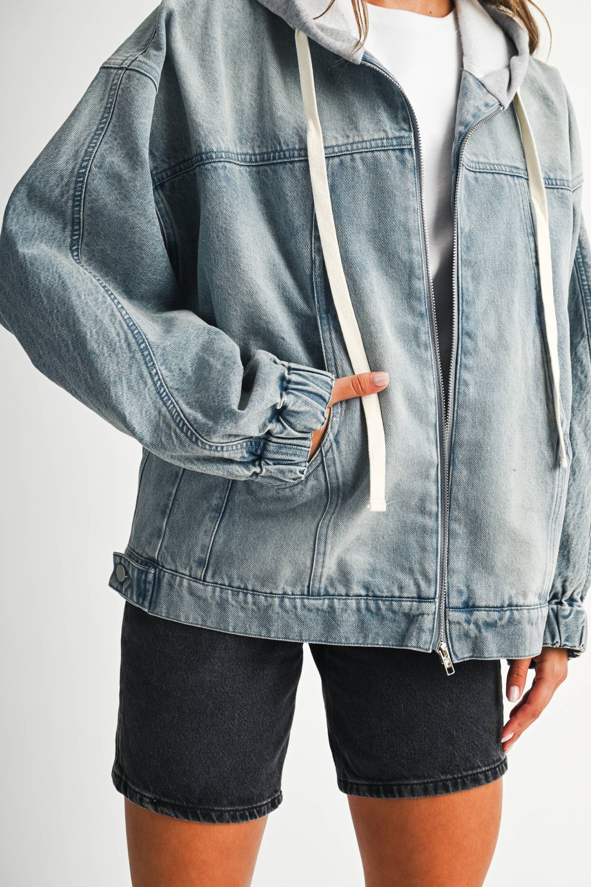 Off the Clock Mineral Wash Denim Hoodie Jacket: Light Wash