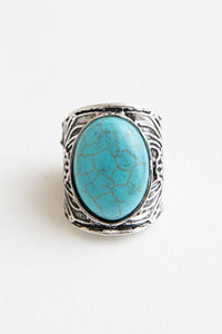 Round Turquoise Stone Floral Engraved Adjustable Ring: Silver