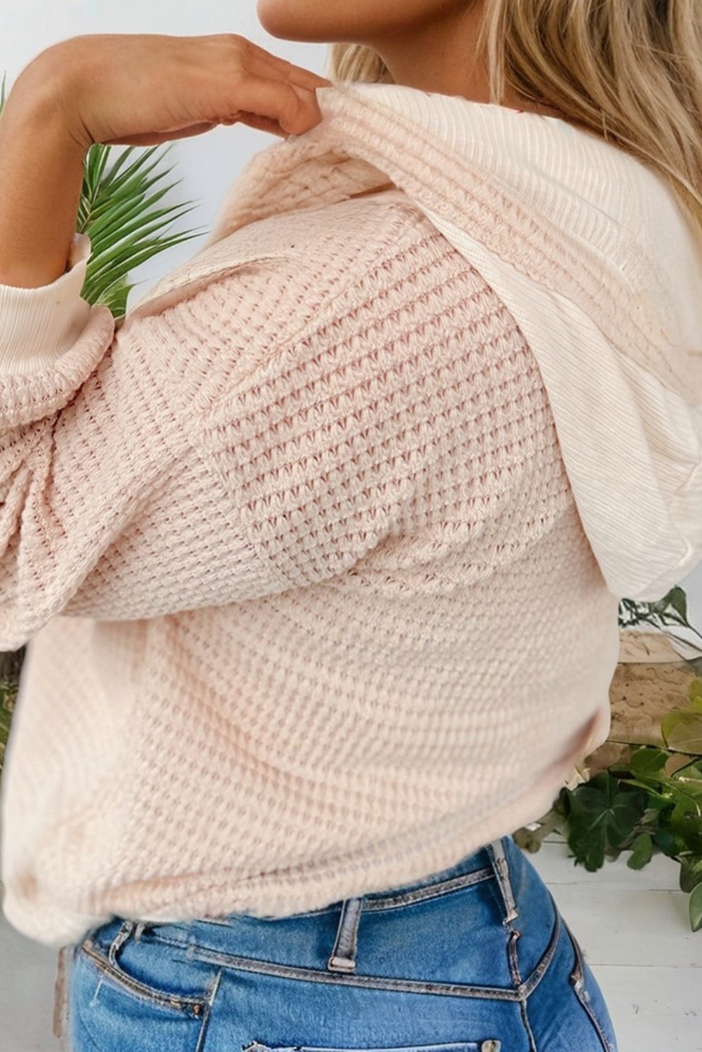 Hadley Waffle Knit Hooded Top – Drop Shoulder Patchwork Pullover (S–XL)