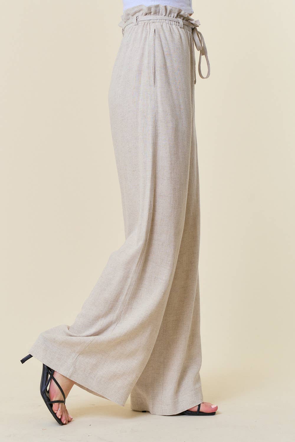 Joan Linen Paper Bag Wide Leg Pants: Natural