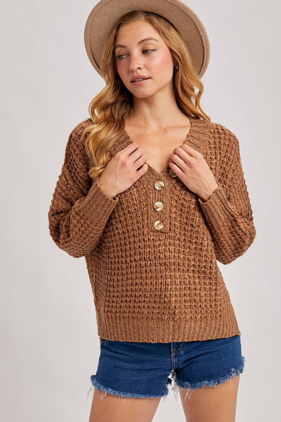 THERMAL HENELY SWEATER TOP: BEIGE / M/L