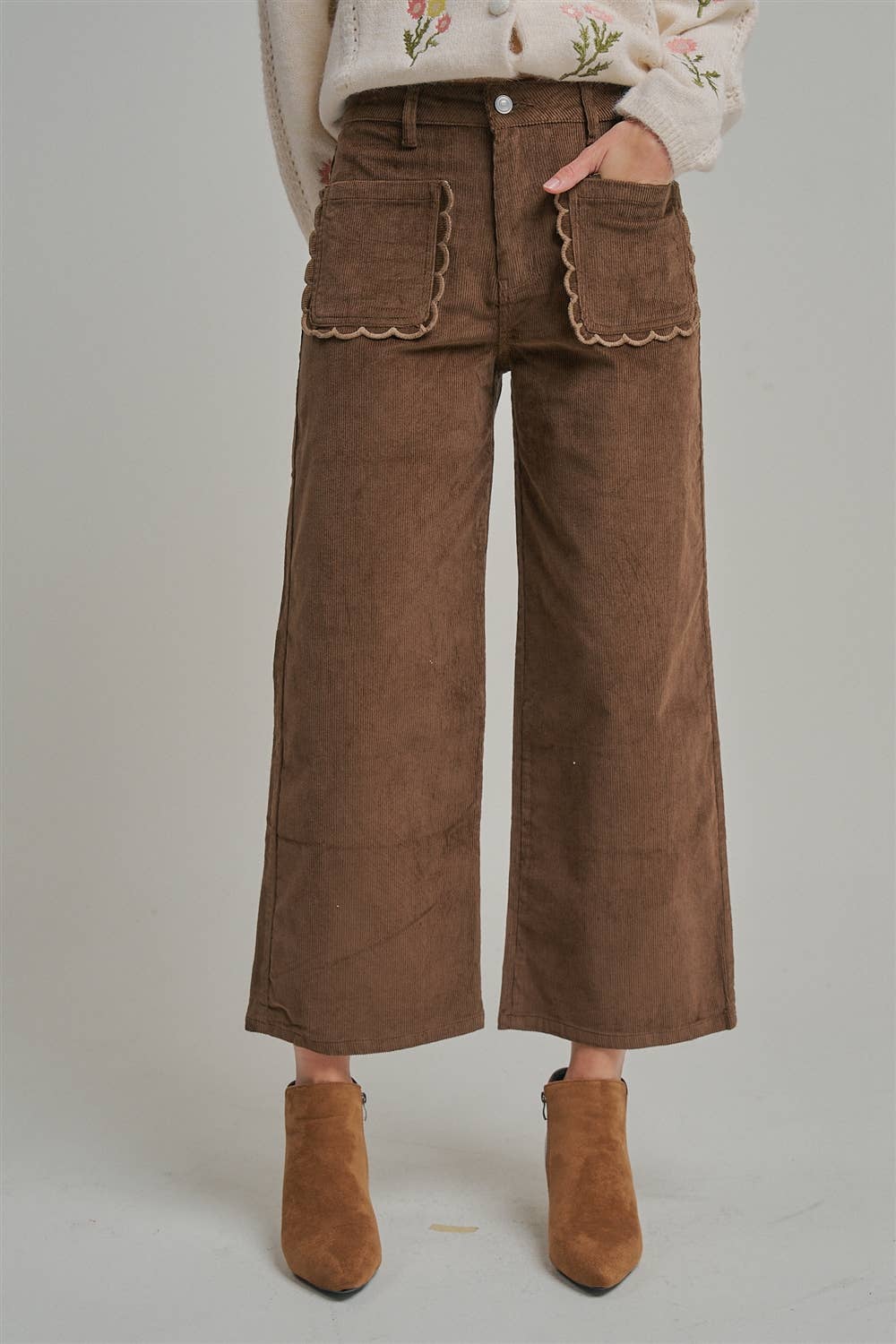 Sweet Detail Stretch Corduroy Wide Leg Pants: Burgundy