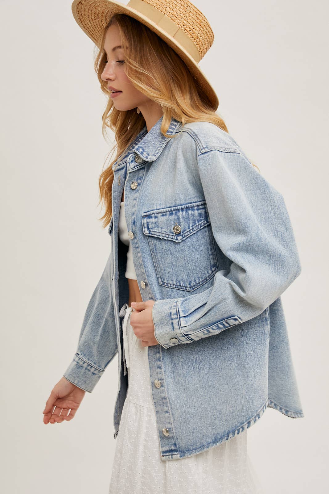 The Camille Washed Denim Shirt Jacket: Light Wash – Relaxed Button Down Shacket