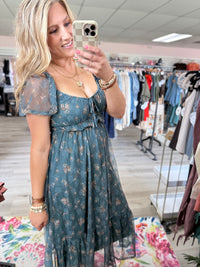 The Meadow Rose Sheer Puff Sleeve Midi Dress – Teal Floral