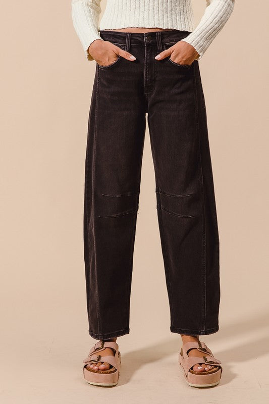 Emery Barrel Leg Jeans – Mid Rise Black Denim with Side Panel Detail