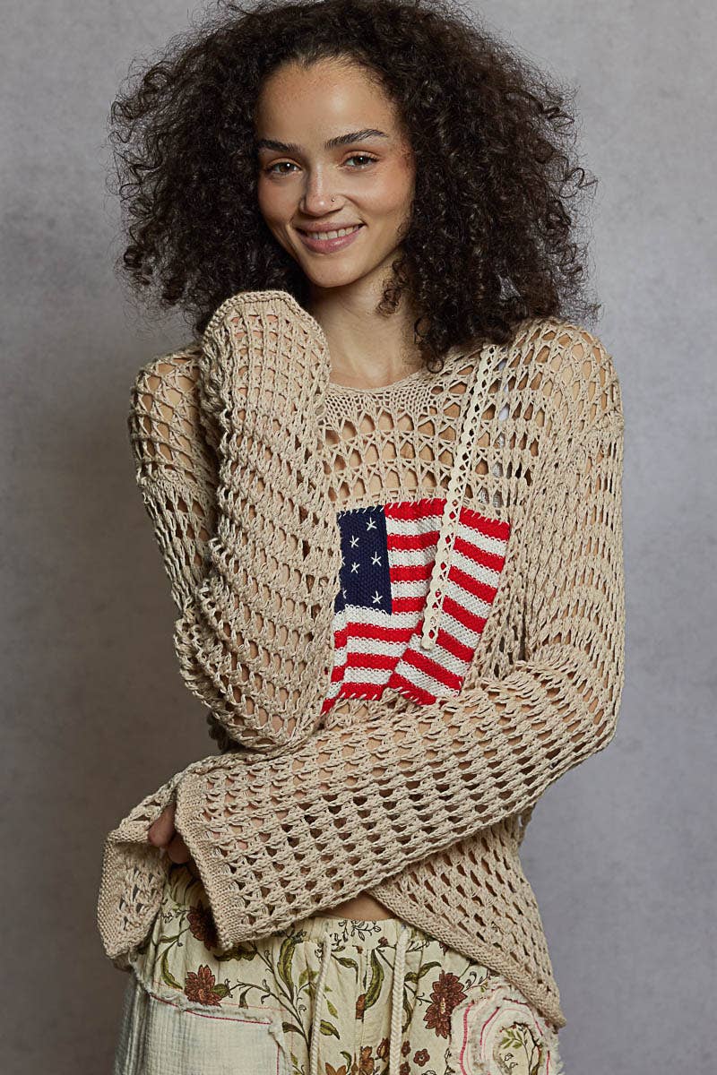 The Liberty Stitch Hoodie Sweater: BeigeAmerican Flag V-Neck Hoodie Sweater – Cotton Long Sleeve Lightweight Knit Top