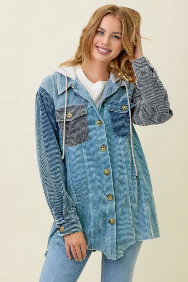Sadie Color Block Corduroy Hoodie Shacket – Washed Button Down Hi-Low Hem
