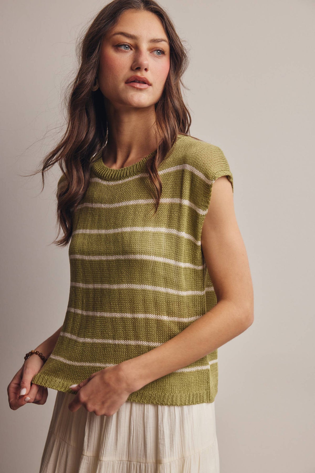 The Harlow Striped Knit Top:Green – Sleeveless Lightweight Sweater Tank