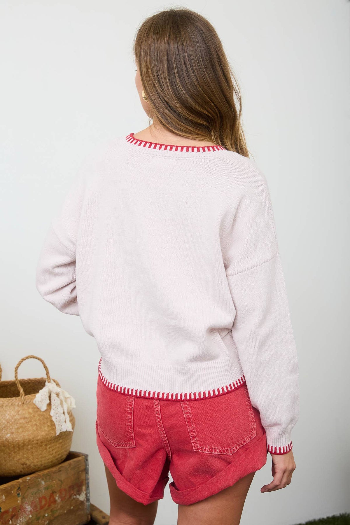 The Emmeline Strawberry Jacquard Sweater – Contrast Stitch Drop Shoulder Knit Pullover