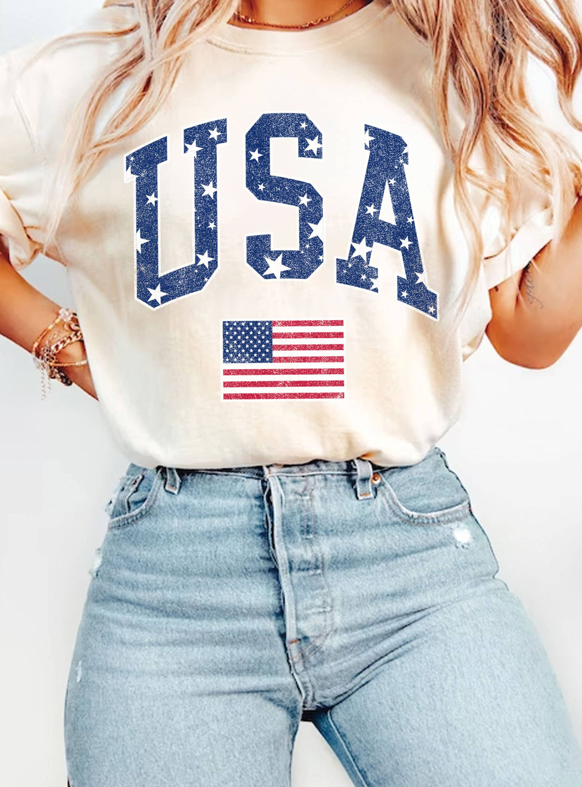 AMERICA STAR FLAG GRAPHIC TSHIRTS: NATURAL
