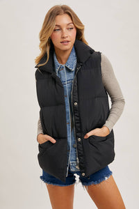 Tori Denim Layered Puffer Vest: Black