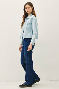 The Stevie Washed Cropped Shirt Jacket: Light Wash – Raw Edge Snap Button Shacket